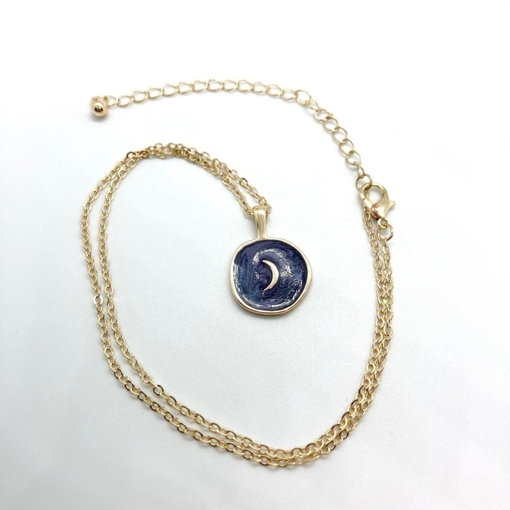 Indigo Resin Purple Crescent Moon Necklace Gold Tone - Picture 4 of 8
